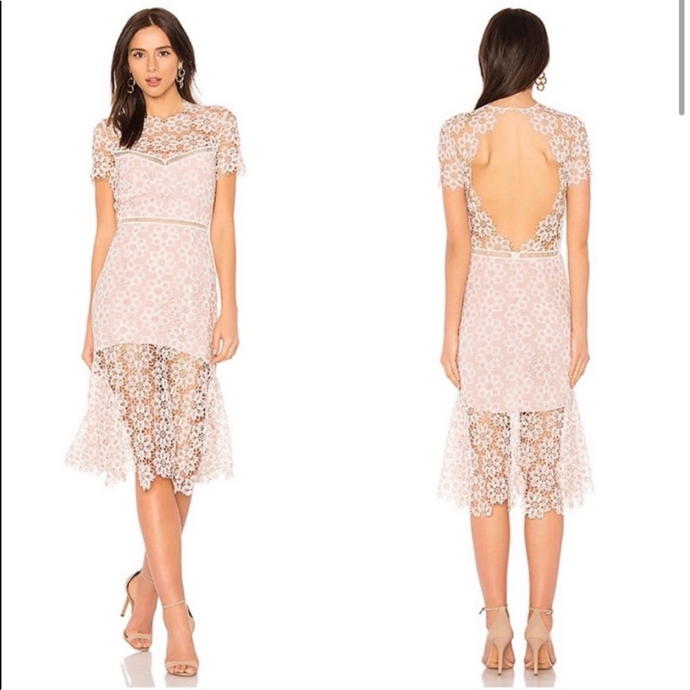 Saylor- light pink/beige lace midi dress. Size small